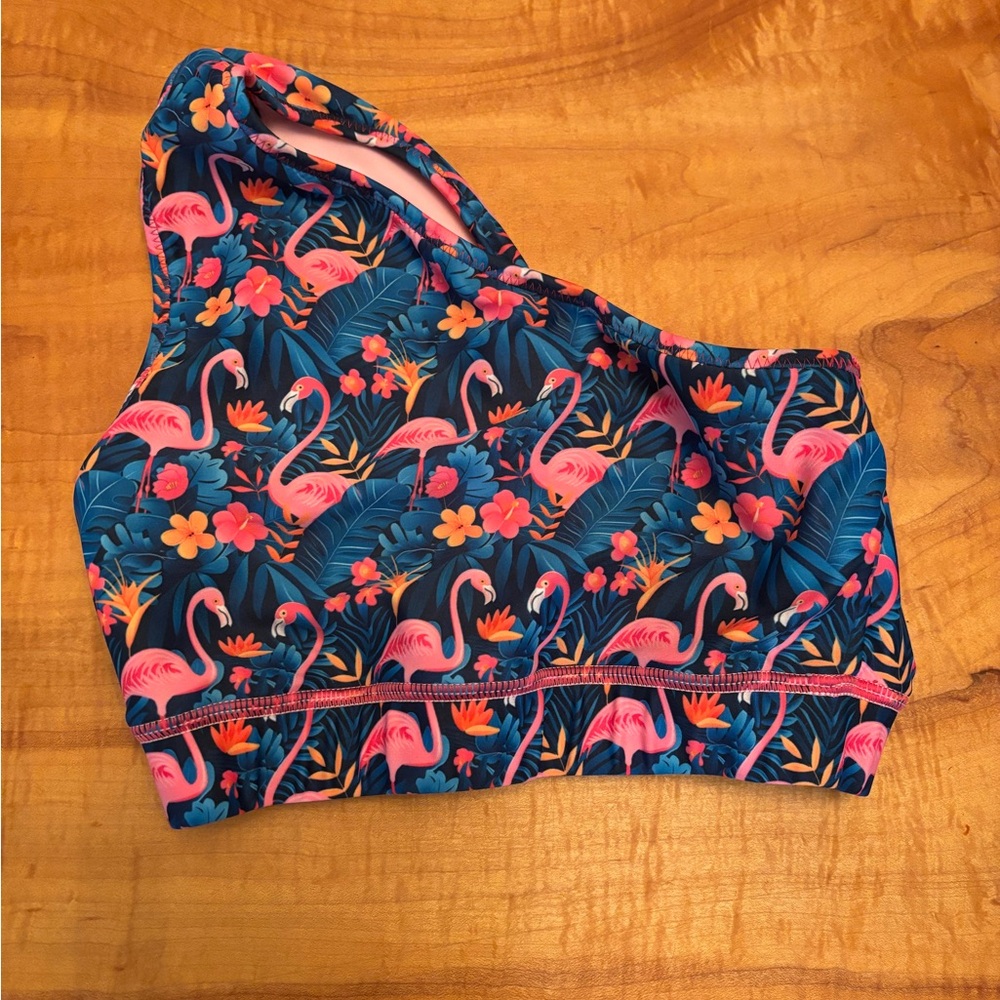 Tropical Flamingo One-Shoulder Sports Bra - Pink & Teal